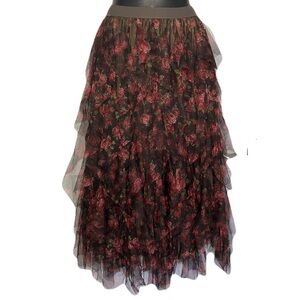 Elegant Floral Layered Tulle Maxi Skirt in Black and Red